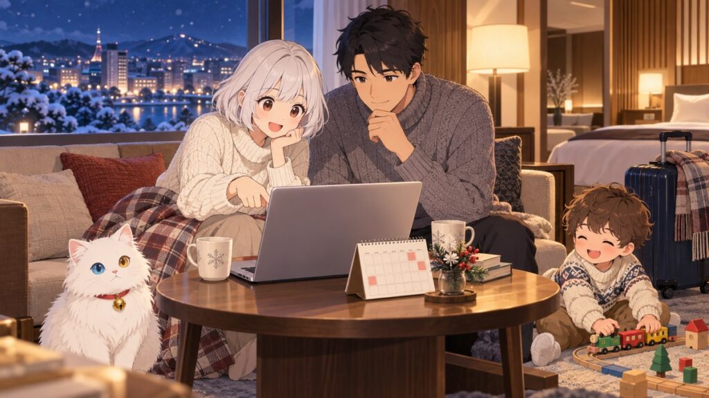 A family comparing hotels in Tokyo, Osaka and Kyoto on a calendar while booking a New Year stay in Japan