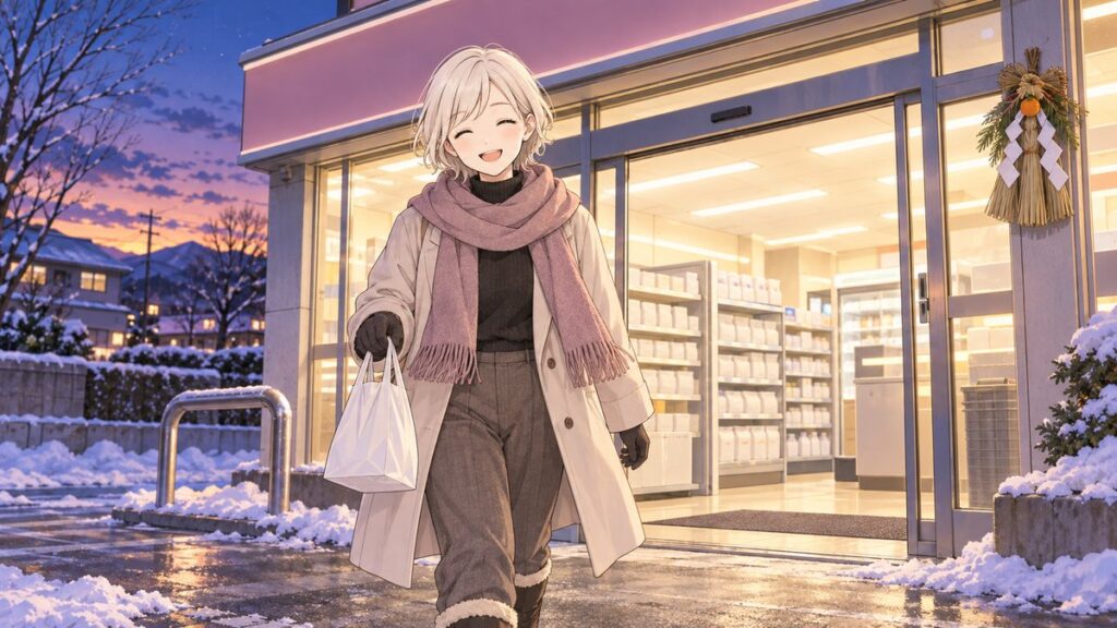 An open convenience store and a family restaurant on January 1 in Japan, with a travelling family carrying a small shopping bag