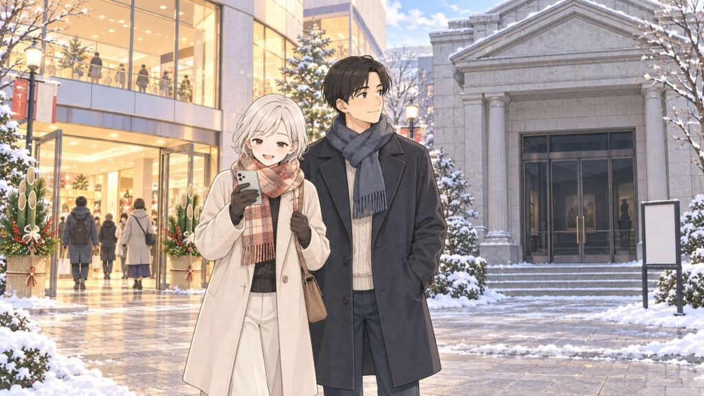A shopping mall open over the Japanese New Year holiday next to a closed museum, with travellers checking the opening days
