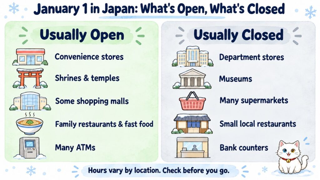 Chart of what is usually open and closed in Japan on January 1: convenience stores, shrines, some shopping malls, family restaurants and many ATMs stay open, while department stores, museums, many supermarkets, small restaurants and bank counters close