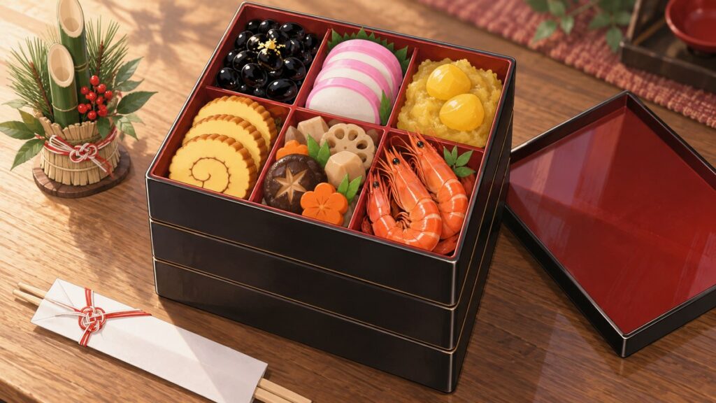 A three-tiered osechi box of Japanese New Year food with black beans, fish cake and sweet chestnut