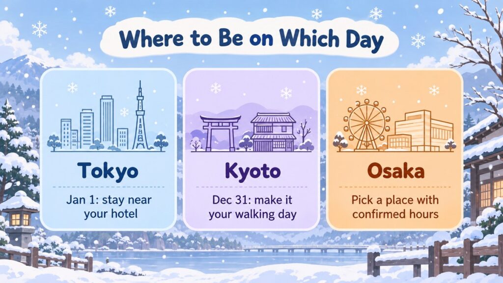 Chart comparing Tokyo, Kyoto and Osaka over New Year: stay near your hotel in Tokyo on January 1, make December 31 your walking day in Kyoto, and pick a place with confirmed hours in Osaka