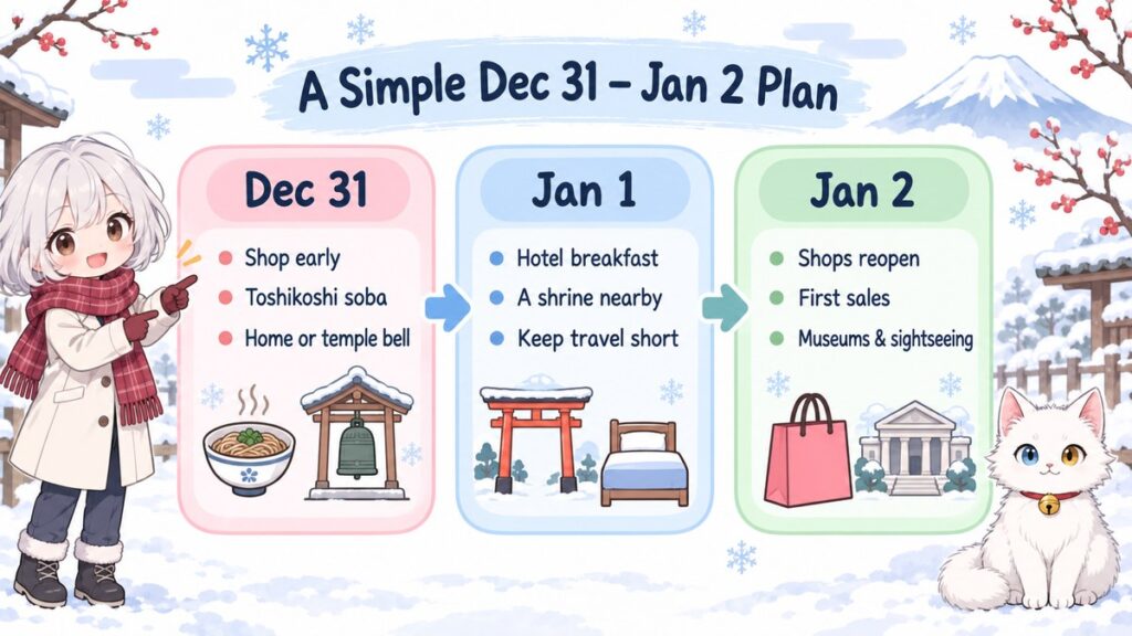 A simple three-day plan for December 31 to January 2 in Japan: shop early and eat toshikoshi soba, visit a nearby shrine on January 1, then enjoy reopened shops and sightseeing on January 2