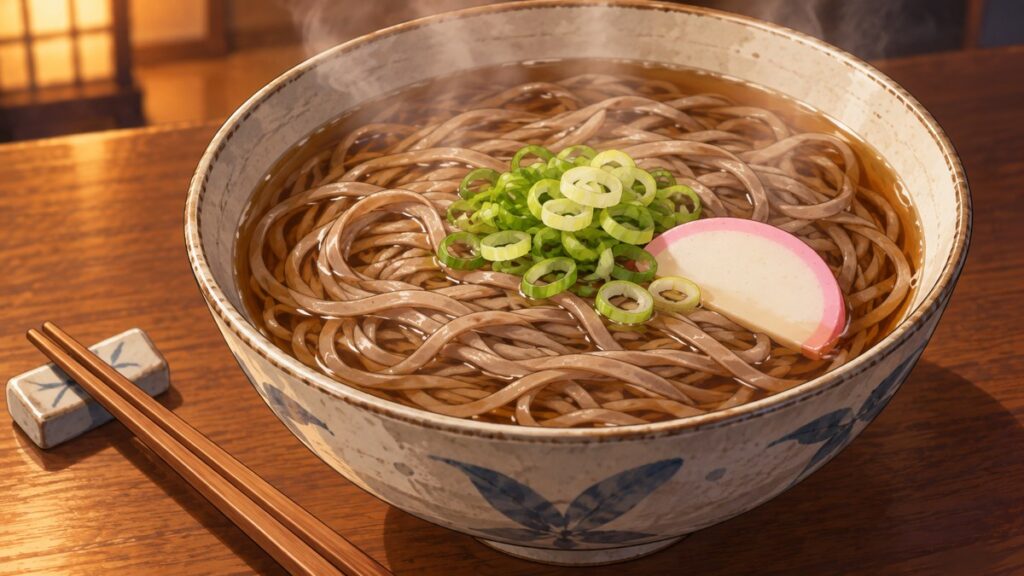 A warm bowl of toshikoshi soba with spring onion and chopsticks, the buckwheat noodles eaten on New Year's Eve in Japan