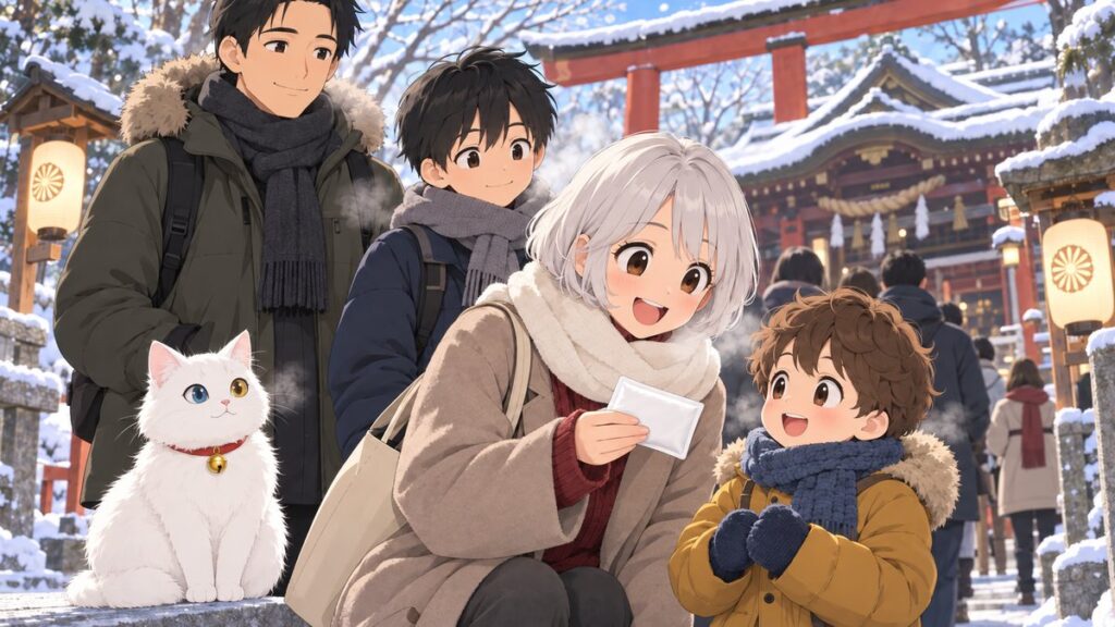 A family in coats, scarves and gloves waiting to visit a shrine in Japan, holding disposable hand warmers called kairo