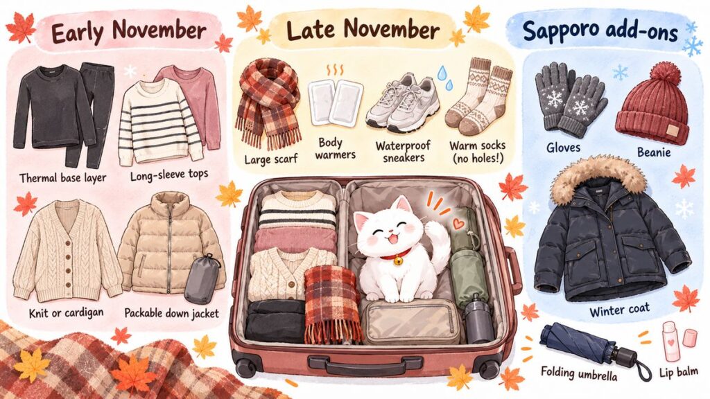 Japan November packing list flat lay: early November, late November and Sapporo add-ons, including thermal base layer, packable down jacket, large scarf, body warmers and waterproof sneakers
