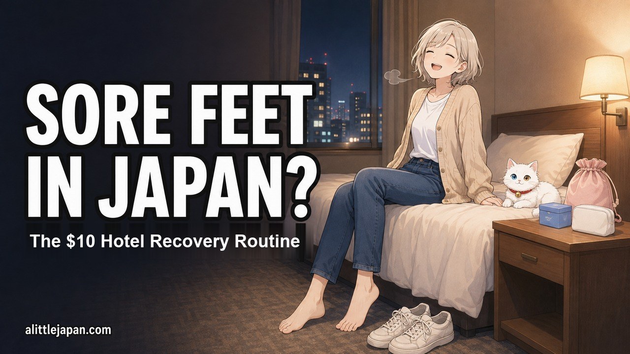 Sore feet in Japan: YUU resting barefoot on a hotel bed after a long day of walking, beside Mochi and a small $10 recovery kit