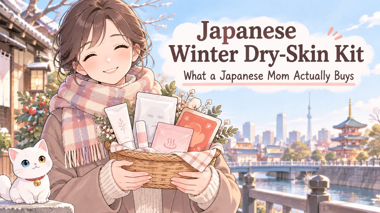 Japanese Winter Dry-Skin Kit — a Japanese mom holding a basket of hand cream, lip balm, a wet mask, bath salts, and heat packs
