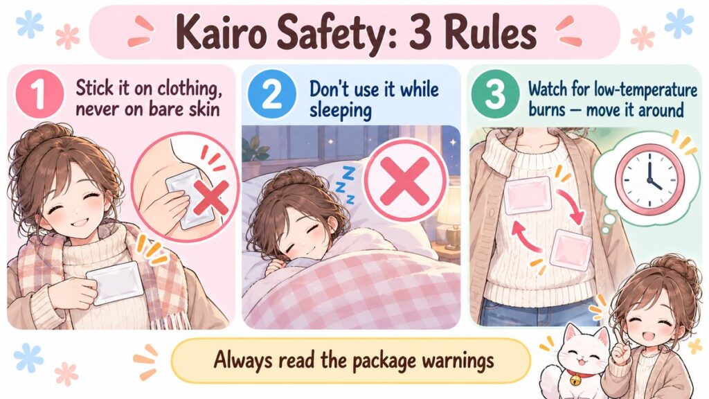 Kairo safety: stick heat packs on clothing, never on bare skin; don't use them while sleeping; watch for low-temperature burns and move them around