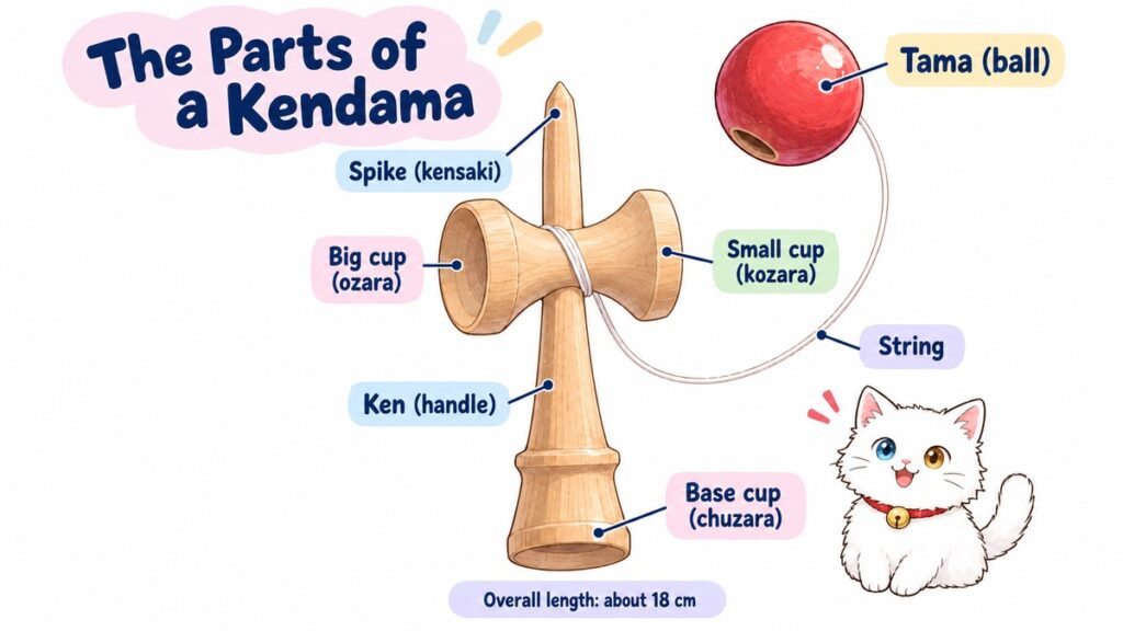 Labeled diagram of a kendama showing the tama, ken, spike, big cup, small cup, base cup and string