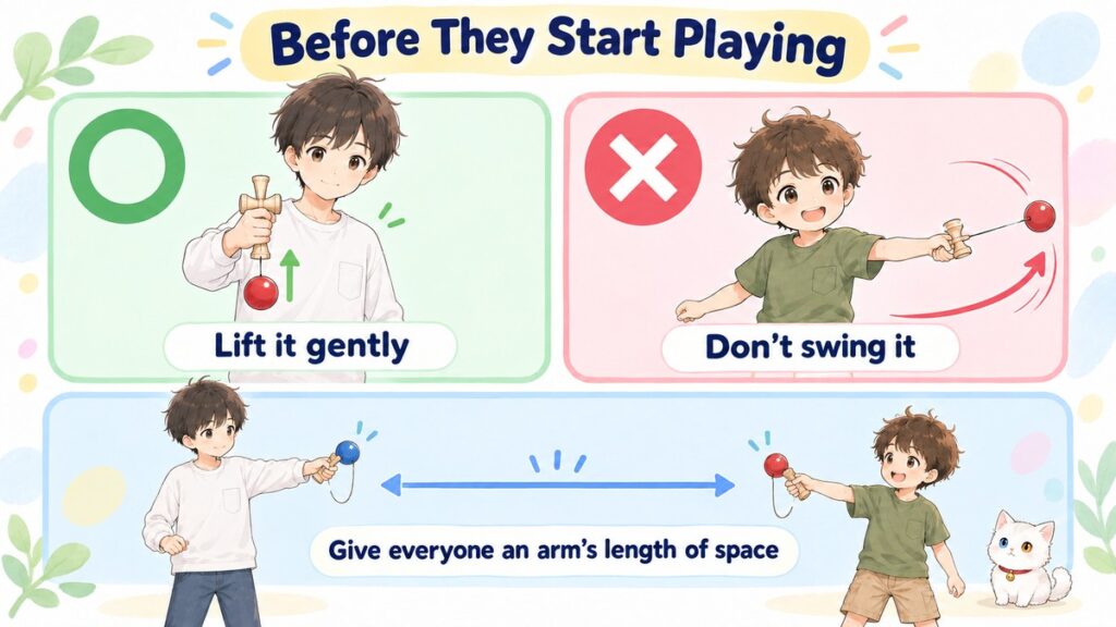 Safety diagram showing how to lift a kendama ball gently instead of swinging it, and to keep an arm's length of space