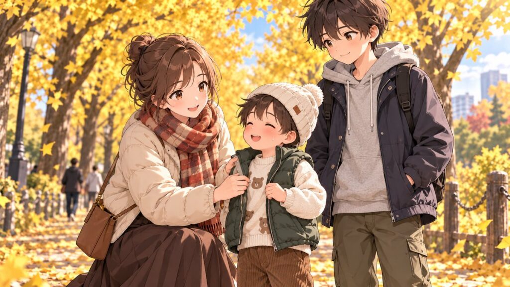 A Japanese mom unzipping her young son's vest under yellow ginkgo trees in November while her older son wears a hoodie and light jacket