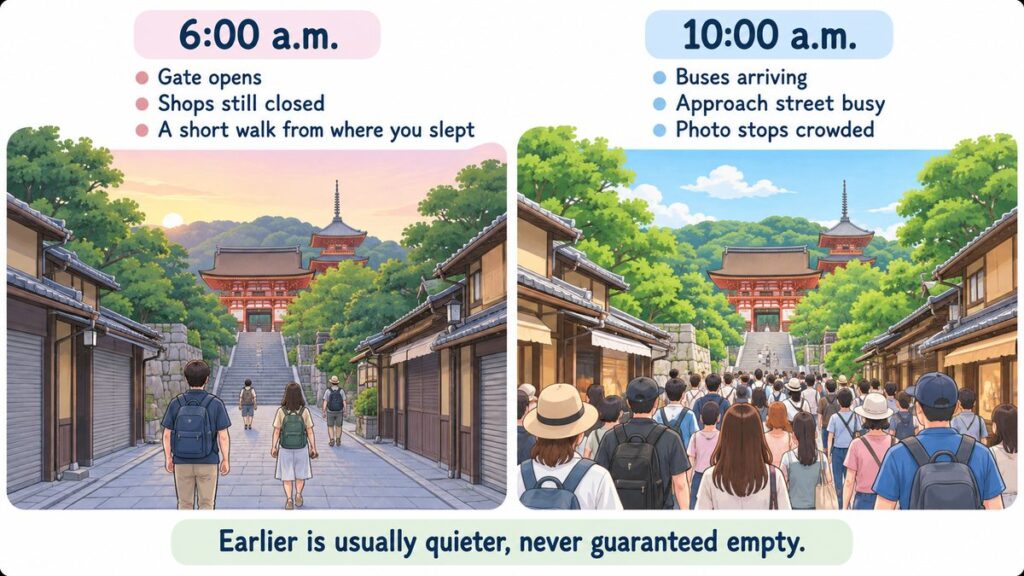 The approach to Kiyomizu-dera at 6:00 a.m. with few people, next to the same street at 10:00 a.m. crowded with visitors