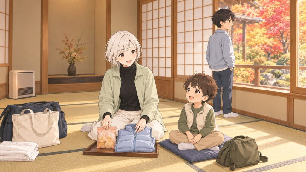 Illustration of a mother checking snacks, warm clothes, and room facilities with her children in a Koyasan temple lodging room