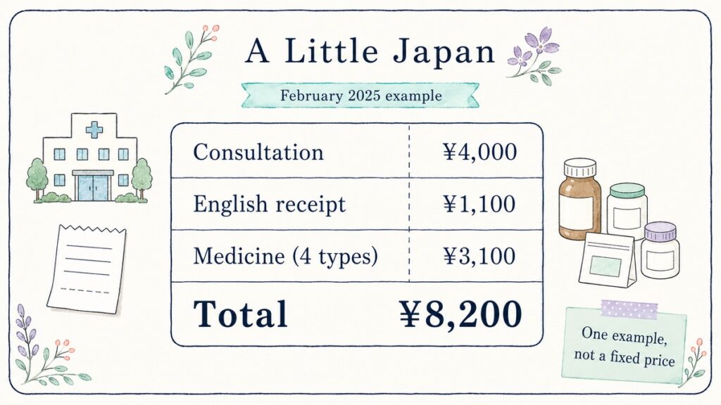 Illustrated breakdown of a February 2025 Kyoto clinic bill totaling 8,200 yen