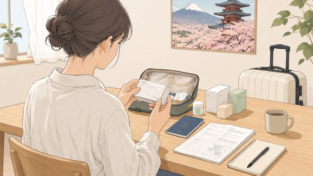A traveler checking the active ingredient label on a medicine box before a trip to Japan