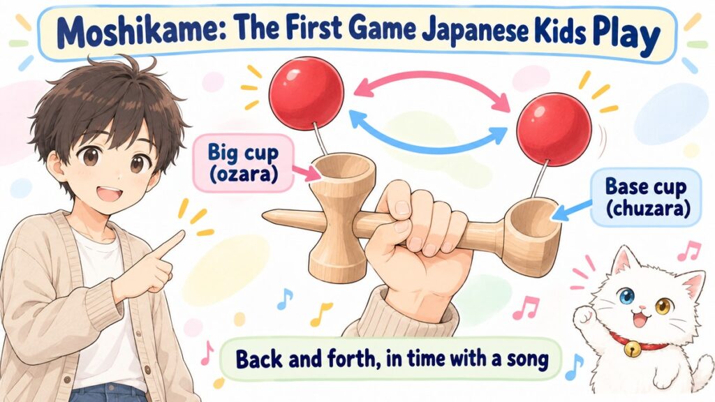Diagram of moshikame, moving the kendama ball between the big cup and the base cup in time with a song