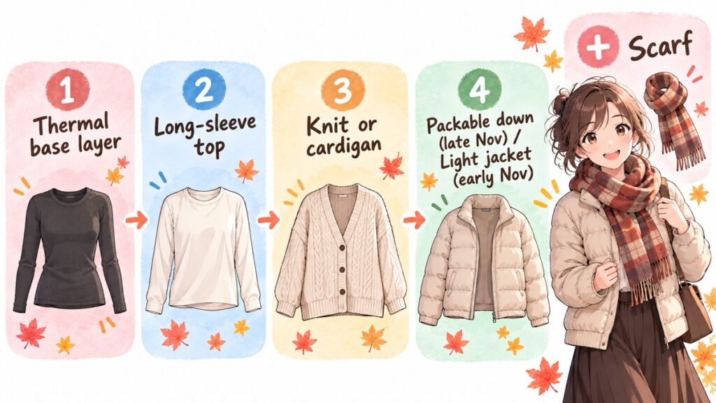 Layering formula for Japan in November: thermal base layer, long-sleeve top, knit or cardigan, then a packable down jacket in late November or a light jacket in early November, plus a scarf