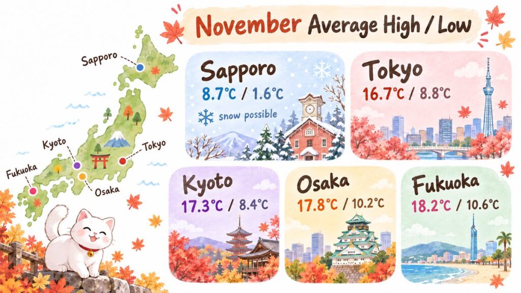 November average high and low temperatures in five Japanese cities: Sapporo 8.7/1.6°C with snow possible, Tokyo 16.7/8.8°C, Kyoto 17.3/8.4°C, Osaka 17.8/10.2°C, Fukuoka 18.2/10.6°C