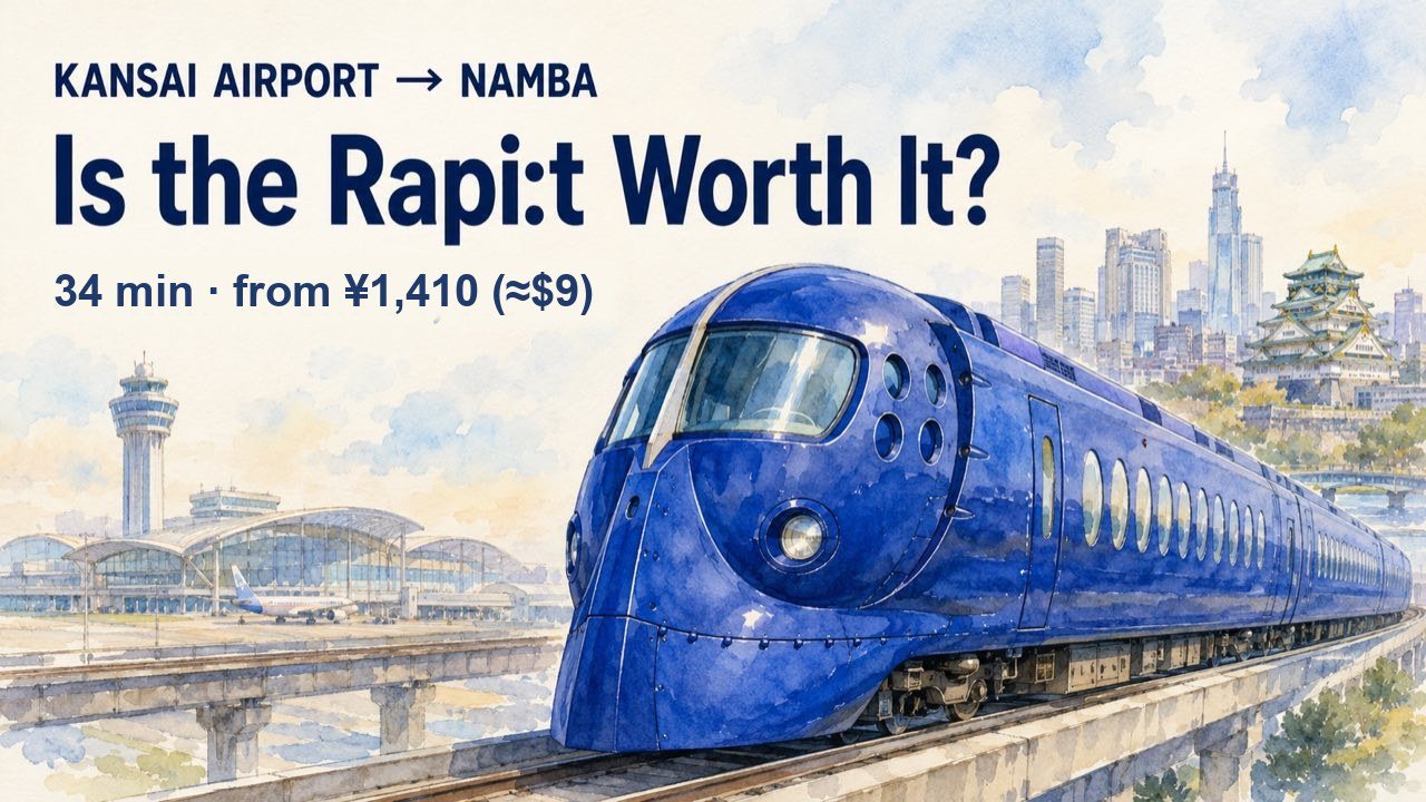 Blue Rapi:t express train watercolor illustration with the article title Is the Rapi:t Worth It, from ¥1,410 (about $9)
