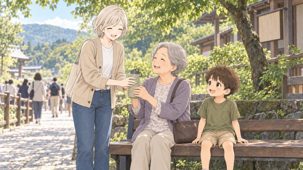 A mother hands a water bottle to her mother-in-law and young son resting on a bench away from the crowds
