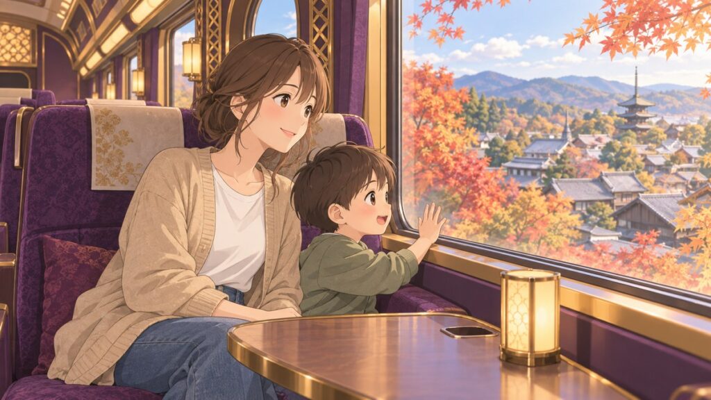 Illustration of a mother and child looking at autumn scenery from a purple and gold sightseeing train interior
