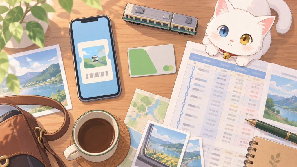 Illustration of a phone with an e-ticket, an IC card and a train timetable on a desk