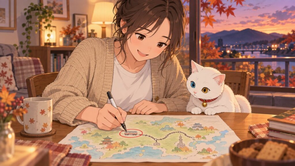 Illustration of a mother circling a route on a map of Kansai at home with a white cat