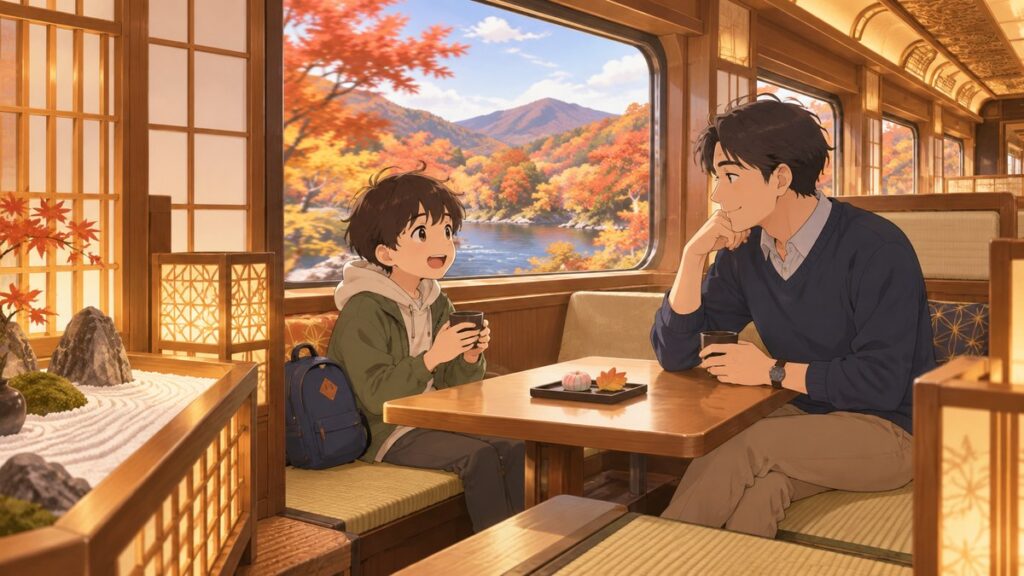 Illustration of a Japanese-style train interior with a small dry garden and shoji-like screens