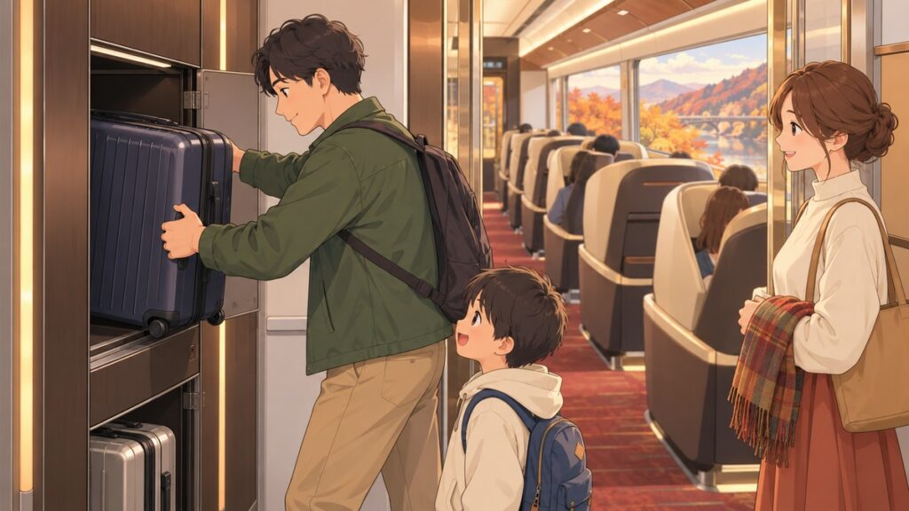 Illustration of a father putting a suitcase into a large luggage locker on a limited express train