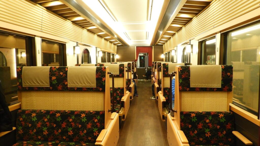 Car No. 1 interior of the Hankyu Kyo-train Garaku with patterned seats