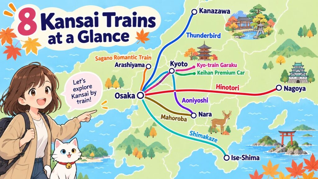 Illustrated route map of 8 Kansai trains linking Osaka, Kyoto, Nara, Arashiyama, Nagoya, Ise-Shima and Kanazawa