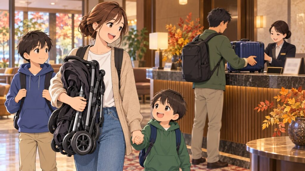 Illustration of a family leaving a suitcase at a hotel front desk while the mother holds a folded stroller