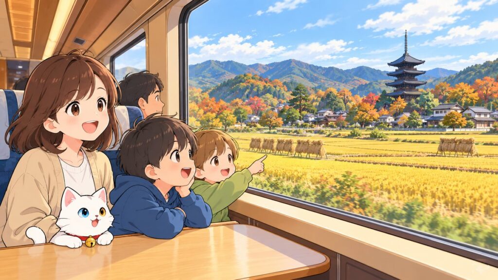 Illustration of a family looking out at autumn rice fields and a five-story pagoda from a train window