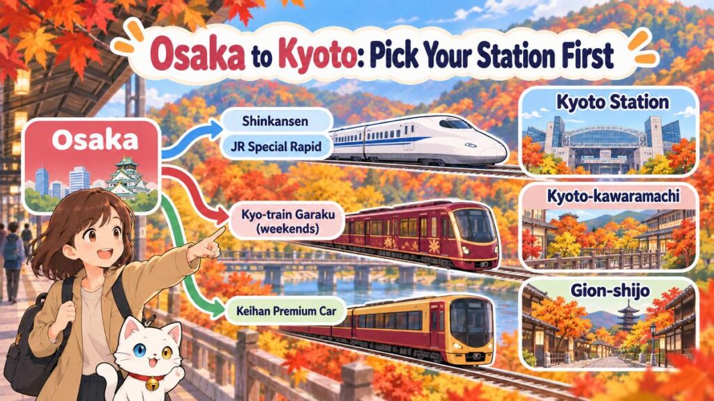 Diagram showing which train to take from Osaka to Kyoto Station, Kyoto-kawaramachi or Gion-shijo