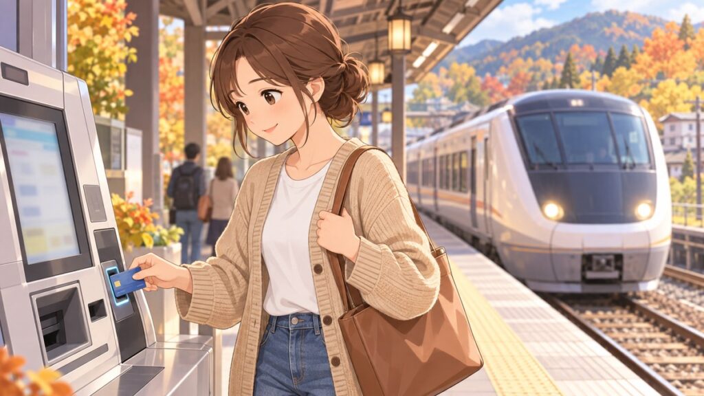 Illustration of a traveler buying a seat with a credit card at a platform ticket machine