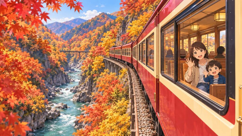 Illustration of a sightseeing train running along a river gorge with autumn leaves