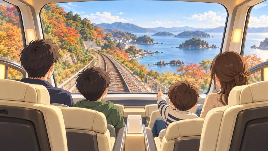Illustration of a family viewing an autumn coastline from the front observation seats of a train