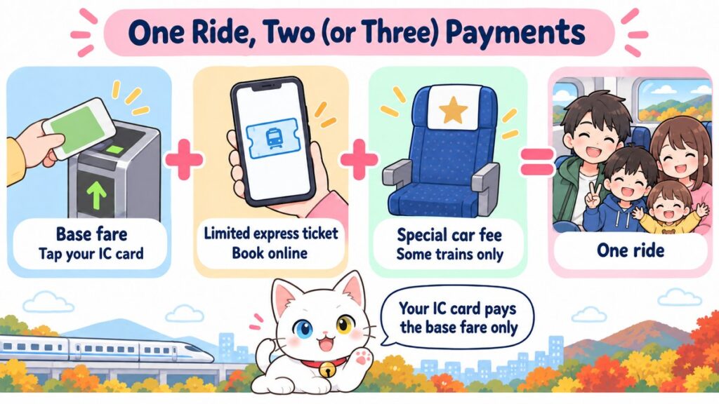 Diagram showing that one limited express ride combines the base fare, a limited express ticket and sometimes a special car fee
