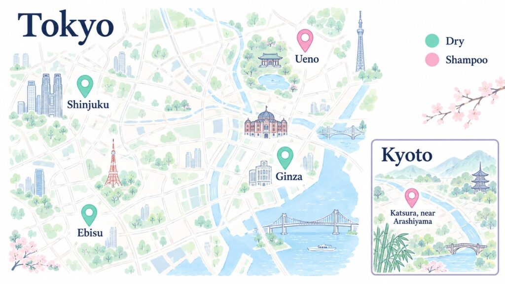 Simple map of head spa locations in Ebisu, Ginza, Shinjuku and Ueno in Tokyo, plus Katsura near Arashiyama in Kyoto