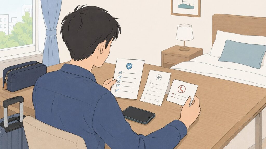 A traveler comparing a travel insurance checklist with a clinic receipt