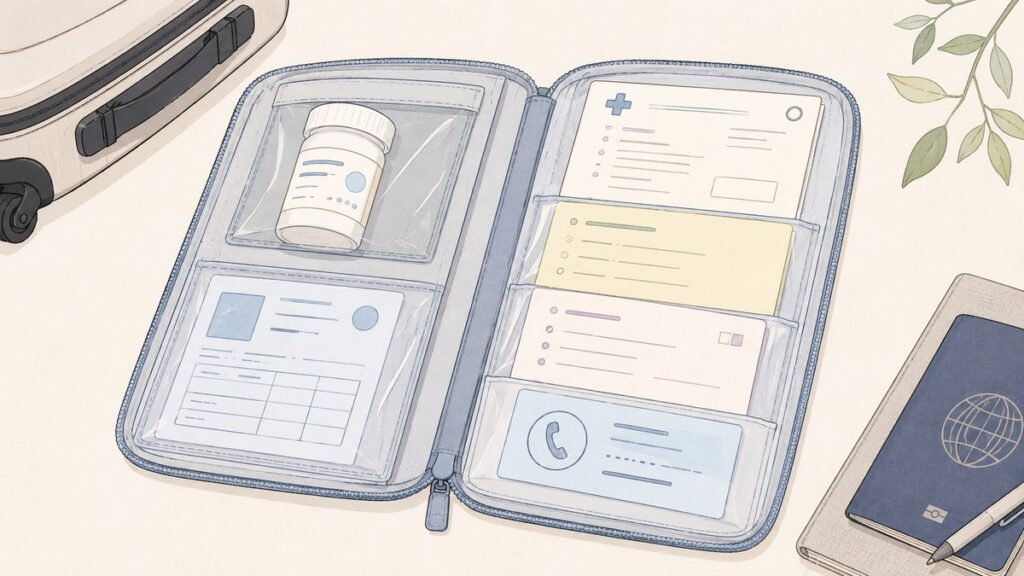 An organized carry-on folder holding medicine, a prescription copy and an allergy list