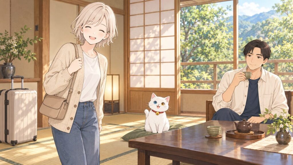 A mother leaves her suitcase in a Japanese-style inn room and heads out with just a small shoulder bag