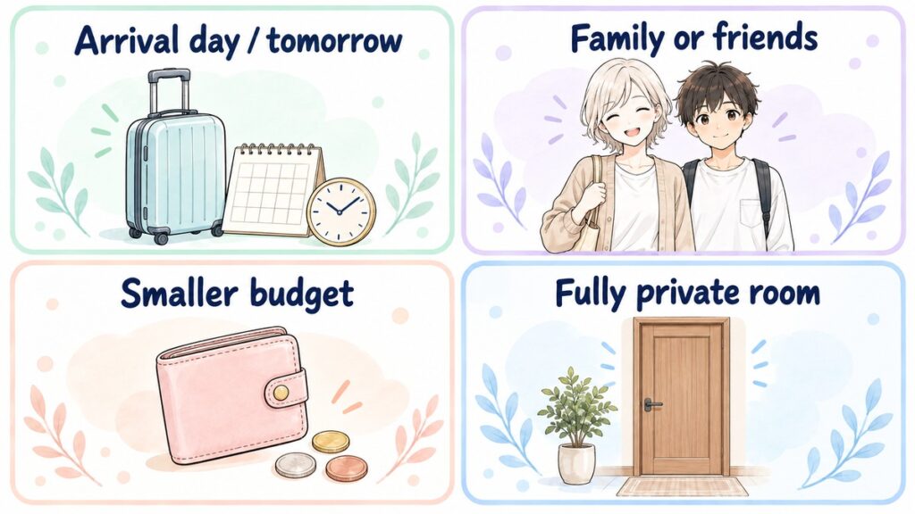 Four ways to choose a head spa: arrival day or tomorrow, family or friends, smaller budget, fully private room