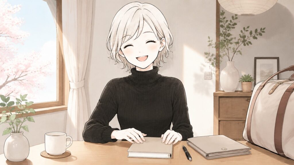 YUU closing a travel planning notebook beside a small medical document folder