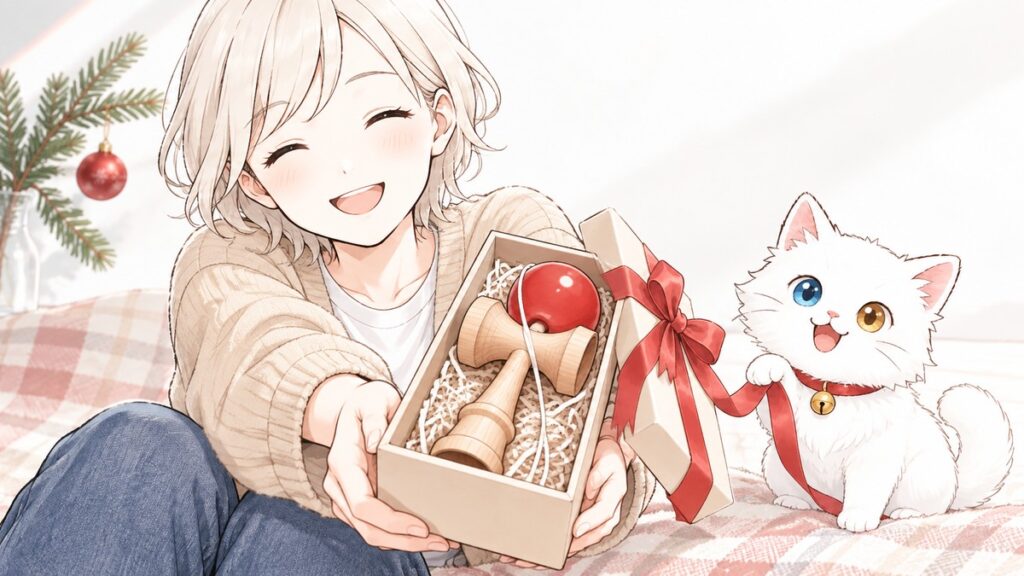 A Japanese mom handing over a kendama in a ribbon-tied gift box beside a white cat