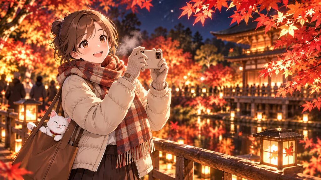A Japanese mom in a down jacket, gloves and scarf photographing red maple leaves at an evening autumn illumination