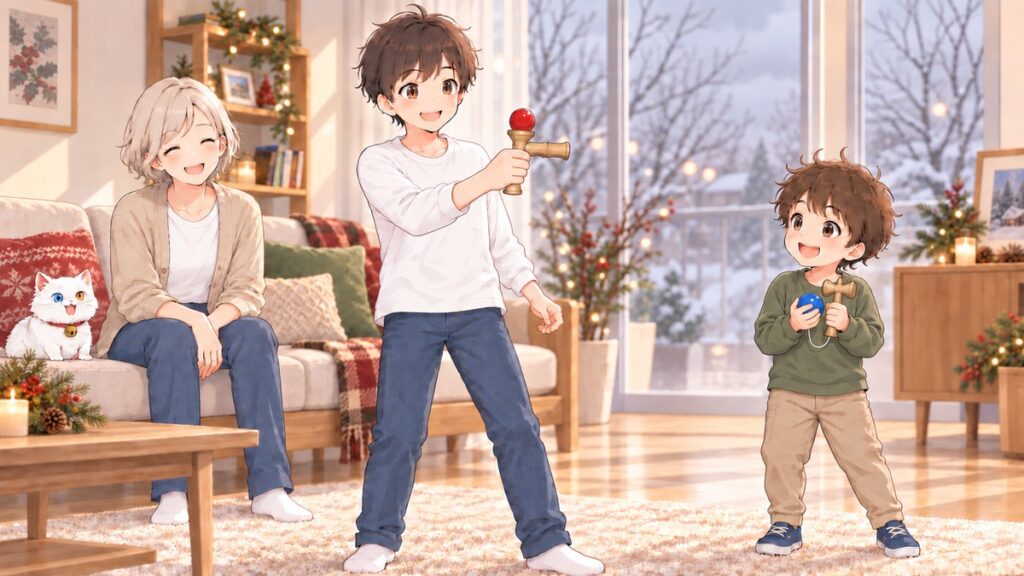 Two brothers playing kendama in a winter living room while their mother watches from the sofa