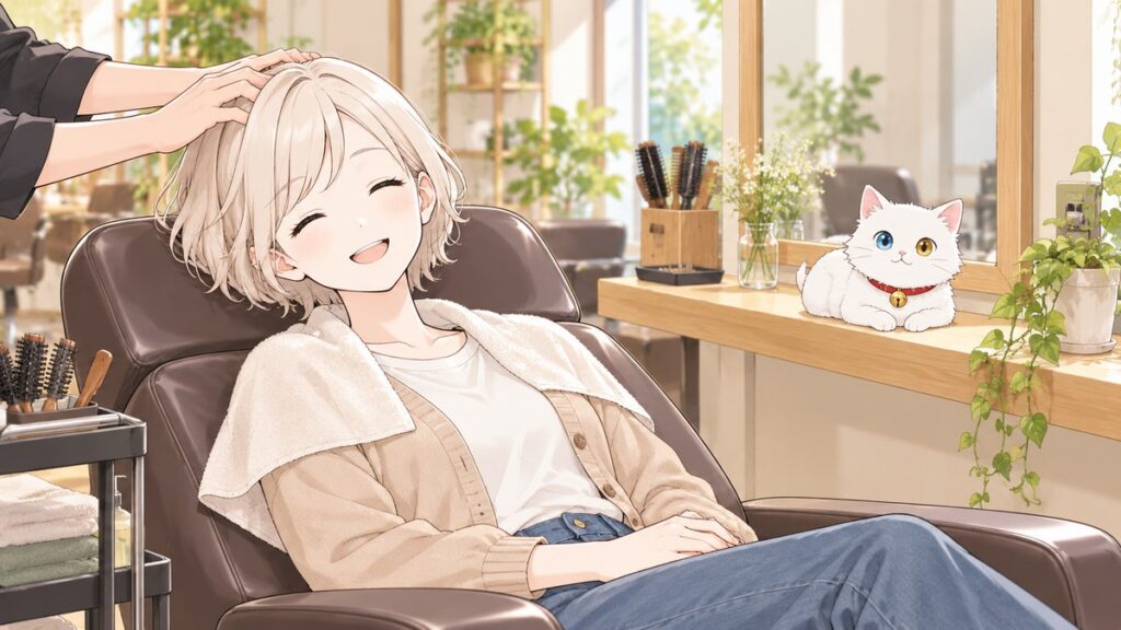 A Japanese mom relaxing during a head spa at her regular hair salon